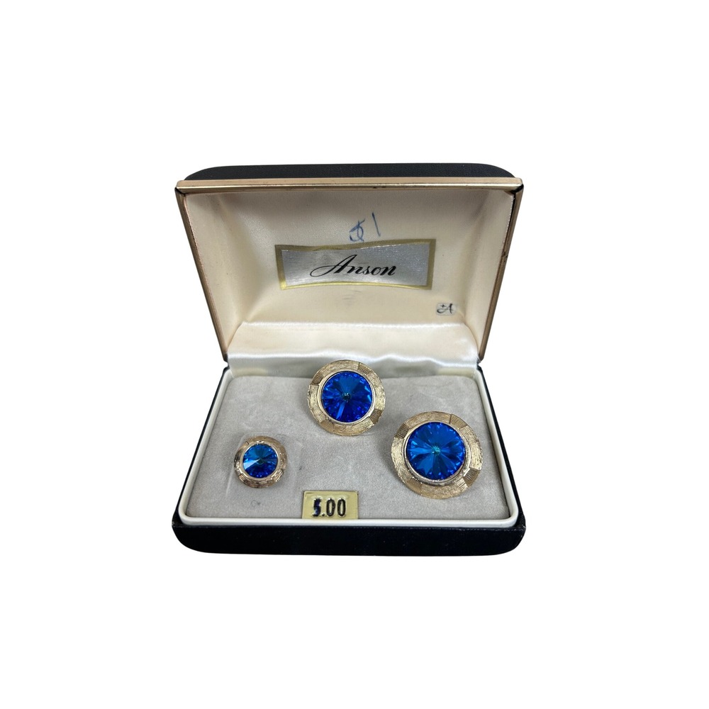 Vintage Anson Cufflinks and Stud Tie Tack Set Gold‎ Tone Blue Rhinestone